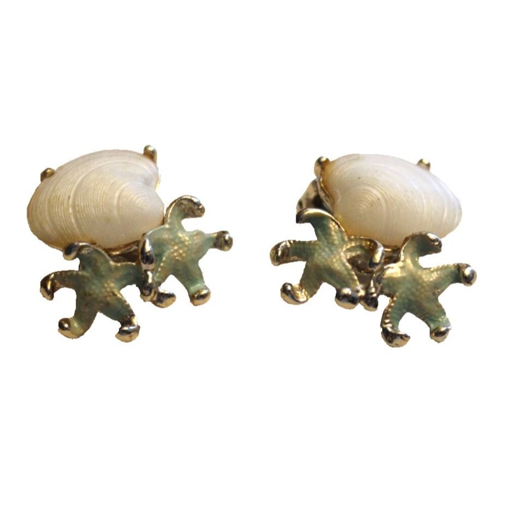 Vtg Pair of Seashell Style Cabochon and Enamel Accent Starfish Clip On Earrings